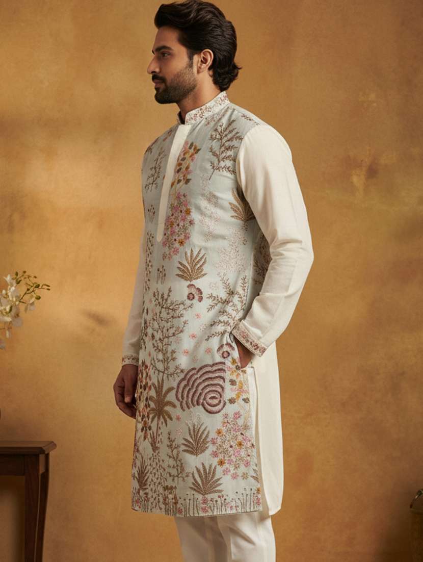 men embroidered mandarin collar long kurta - 22377497 -  Standard Image - 2