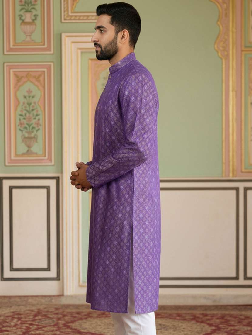 men printed mandarin collar long kurta - 22377506 -  Standard Image - 2