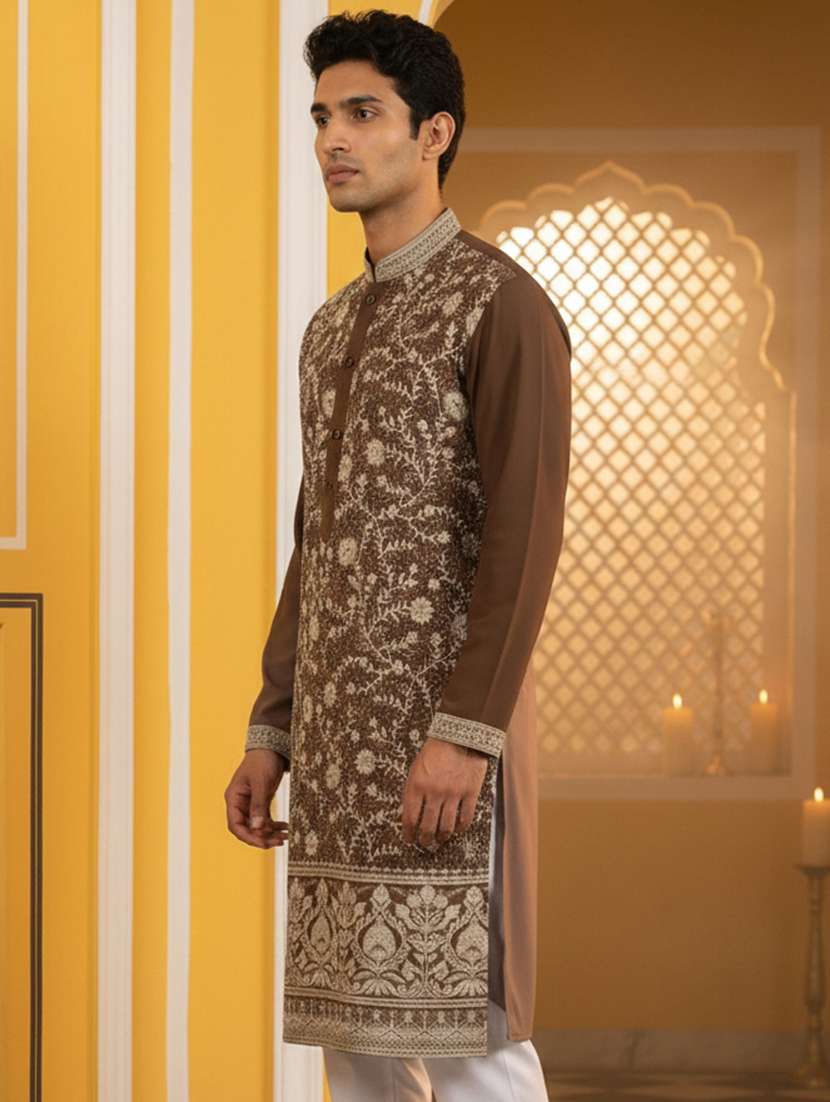men embroidered mandarin collar long kurta - 22377508 -  Standard Image - 2