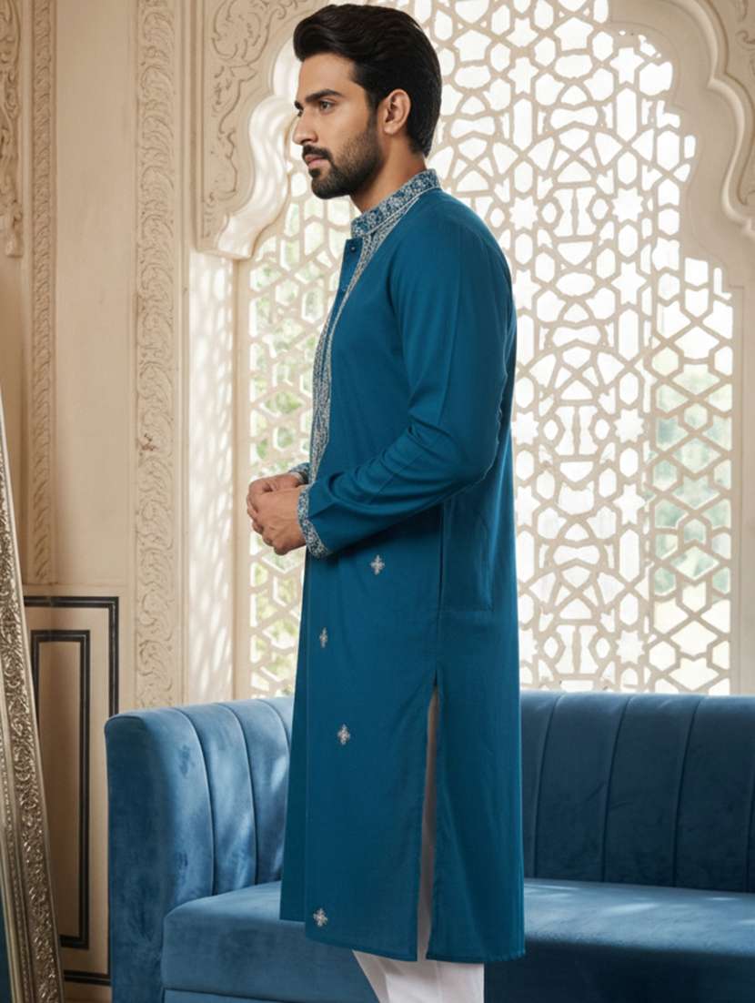 men embroidered mandarin collar long kurta - 22377511 -  Standard Image - 2