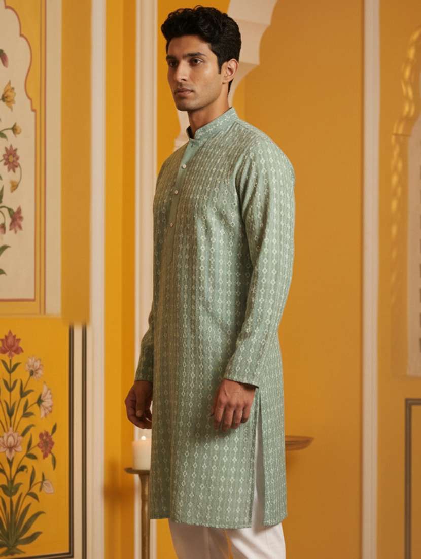 men embroidered mandarin collar long kurta - 22377512 -  Standard Image - 2