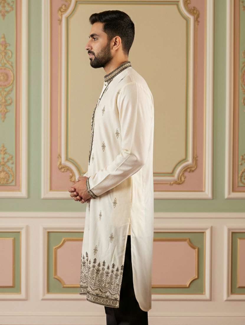 men embroidered mandarin collar long kurta - 22377519 -  Standard Image - 2