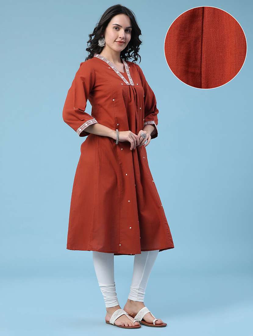 women embroidered three quarter sleeves a-line kurta - 22377688 -  Standard Image - 2