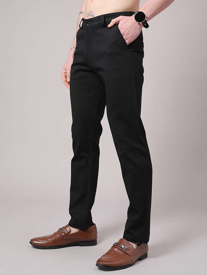 black cotton flat front casual trousers