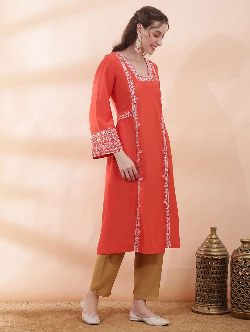 women solid with work long sleeve a-line kurta - 22378241 -  Standard Image - 2