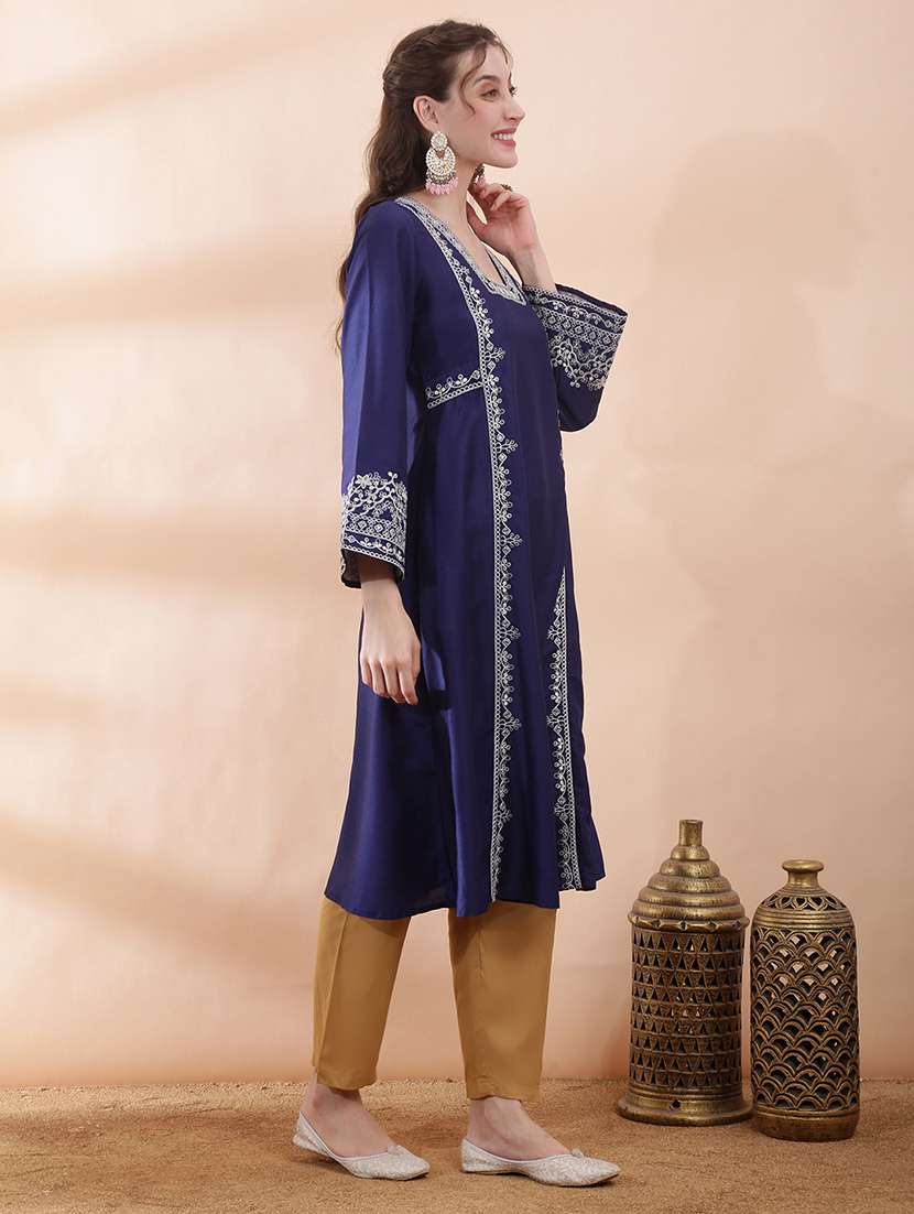 women solid with work long sleeve a-line kurta - 22378242 -  Standard Image - 2