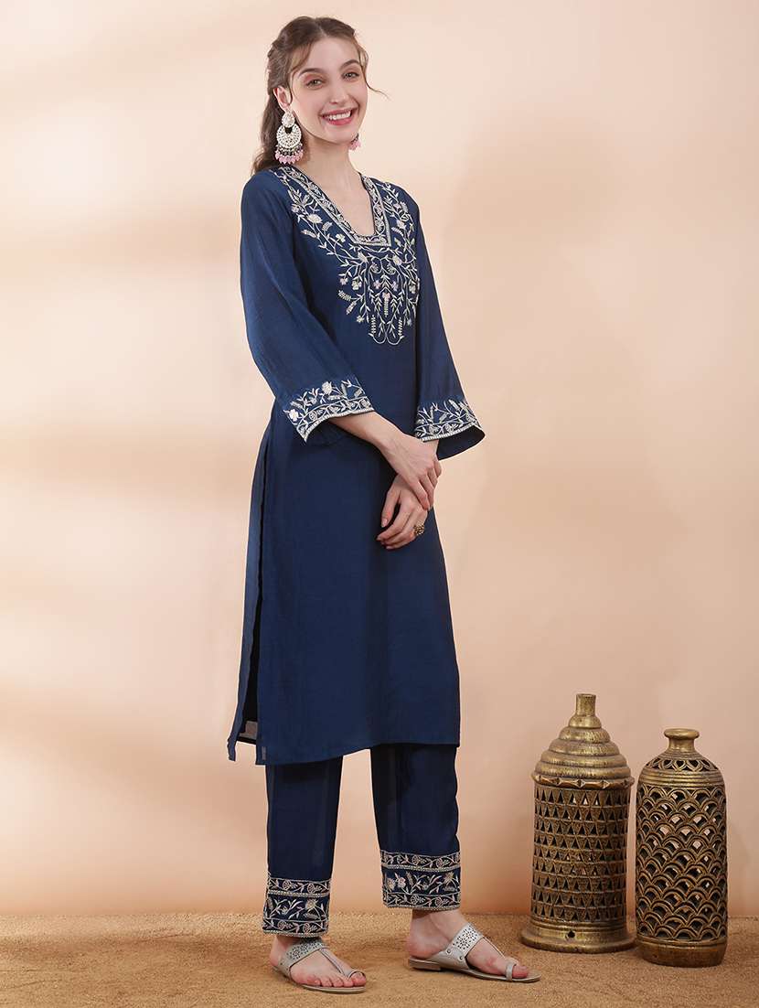 women solid with work long sleeve kurta pant set - 22378243 -  Standard Image - 2