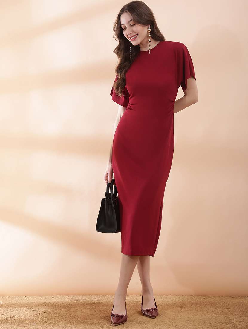 women solid puff sleeve bodycon dress