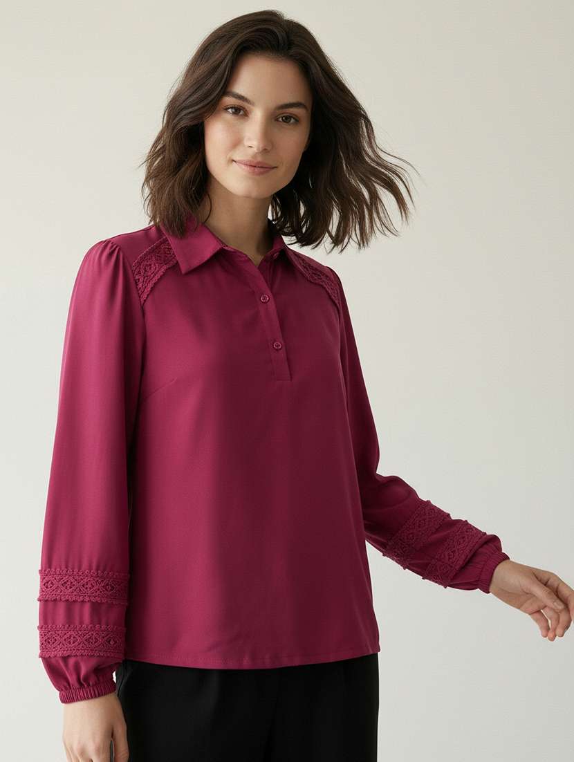 women solid collared bishop sleeve shirt top - 22378257 -  Standard Image - 2