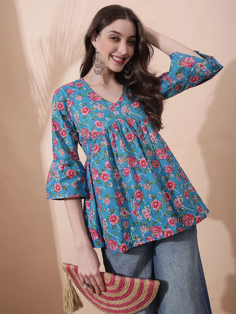women floral print bell sleeve flared tunic