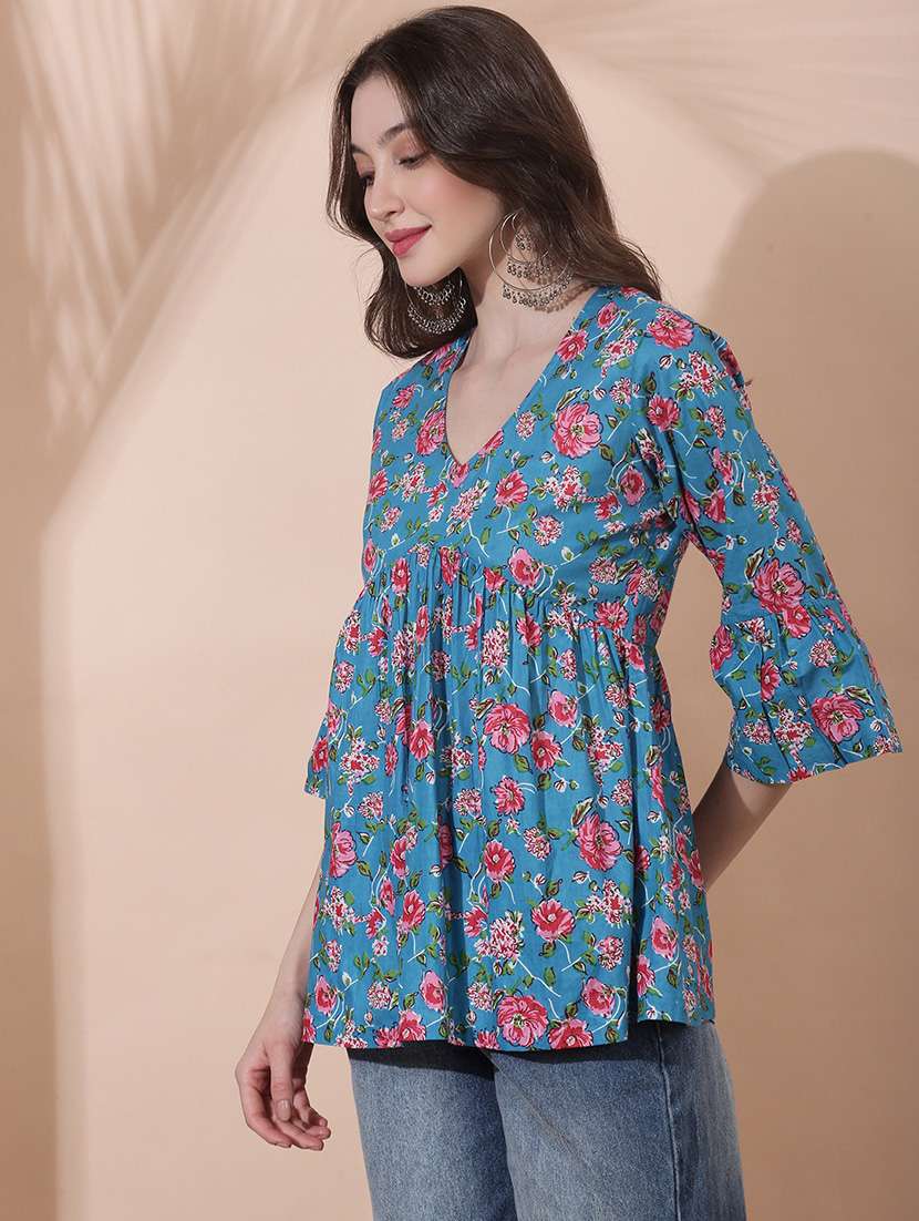 women floral print bell sleeve flared tunic - 22378260 -  Standard Image - 2