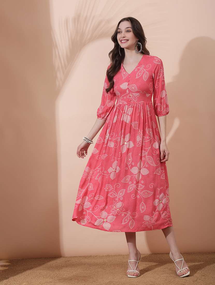 women floral printed puff sleeve ethnic dress