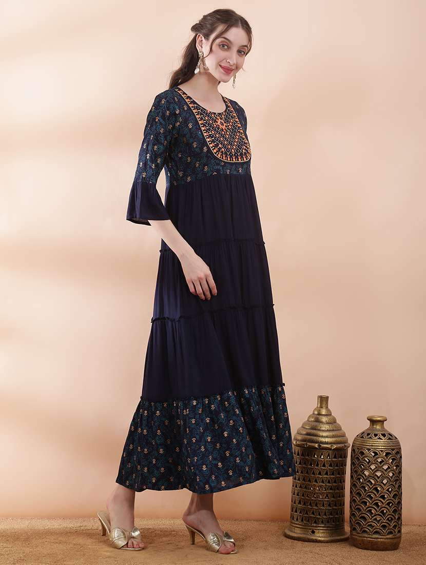 women printed three quarter sleeve ethnic dress - 22378271 -  Standard Image - 2