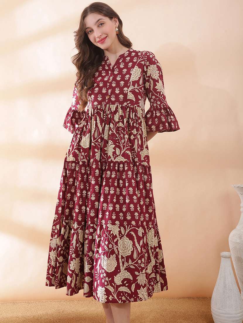 women floral printed bell sleeve ethnic dress - 22378272 -  Standard Image - 2