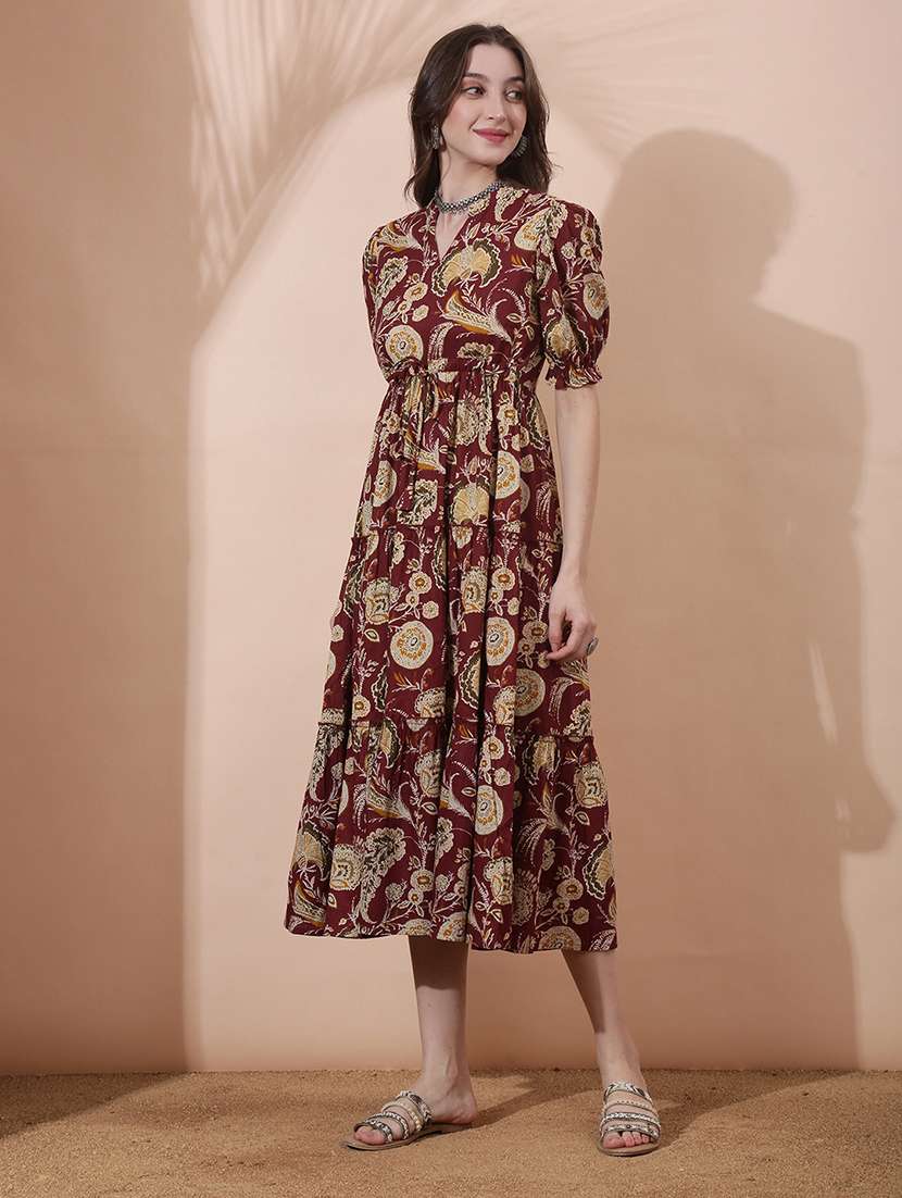women floral printed puff sleeve ethnic dress