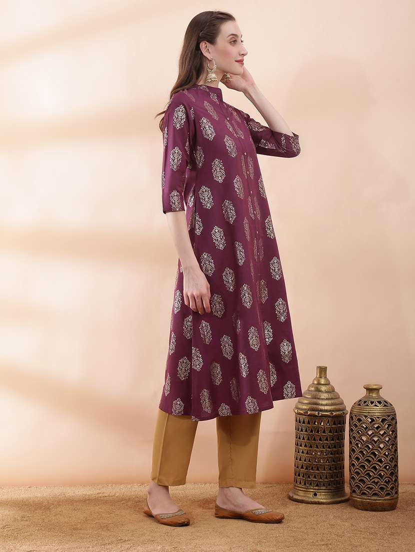 women foil printed three quarter sleeve a-line kurta - 22378296 -  Standard Image - 2