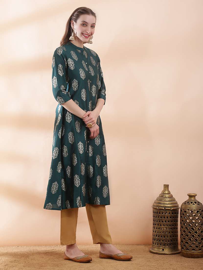 women foil printed three quarter sleeve a-line kurta - 22378297 -  Standard Image - 2