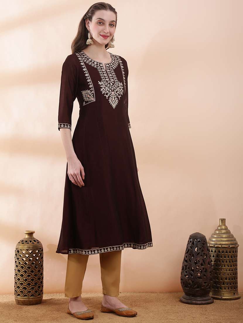 women solid with work three quarter sleeve a-line kurta - 22378298 -  Standard Image - 2