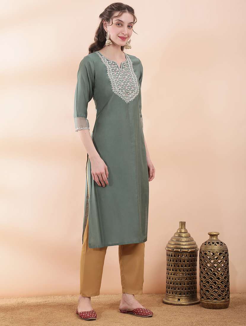 women solid with work three quarter sleeve straight kurta - 22378299 -  Standard Image - 2