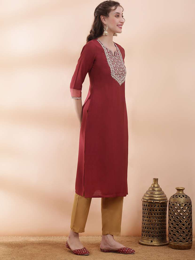 women solid with work three quarter sleeve straight kurta - 22378300 -  Standard Image - 2