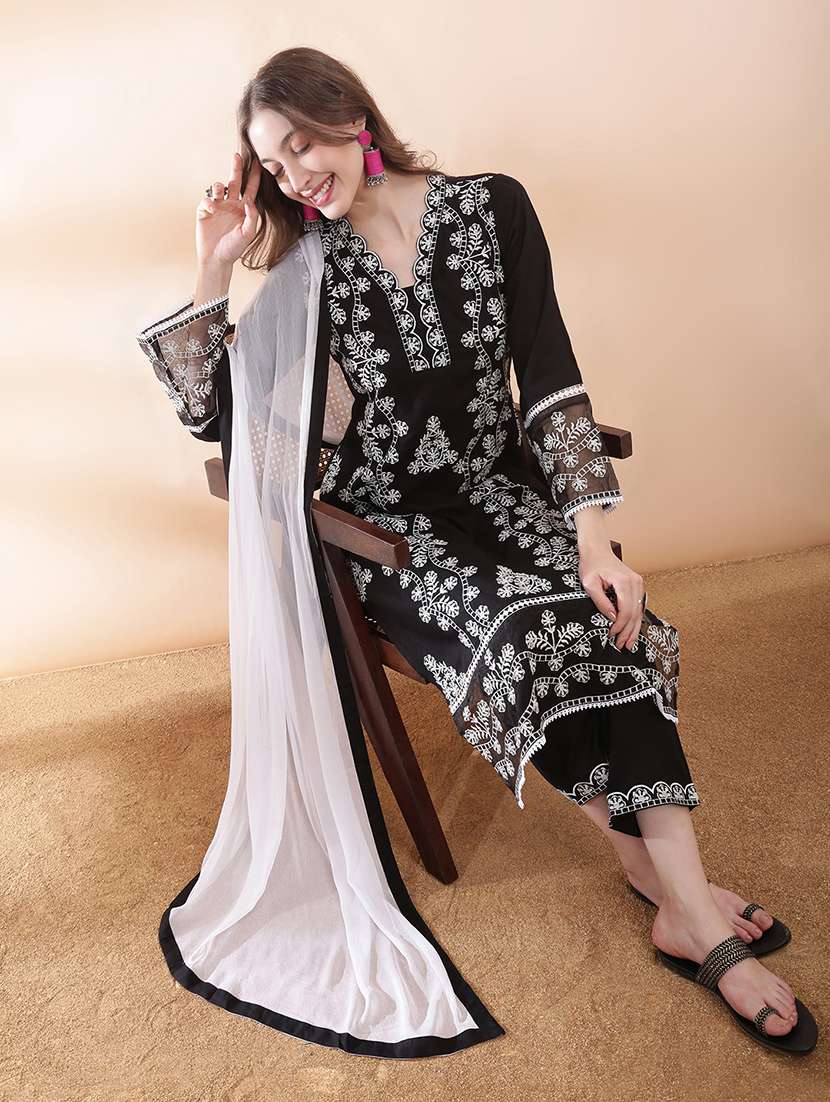 women solid with work three quarter sleeve kurta pant with dupatta set - 22378308 -  Standard Image - 2