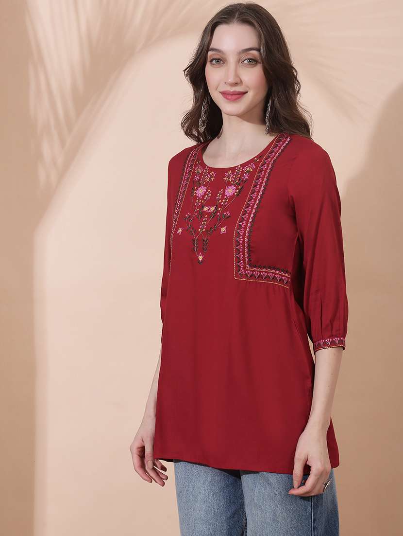 women solid with work three quarter sleeve straight kurti - 22378321 -  Standard Image - 2