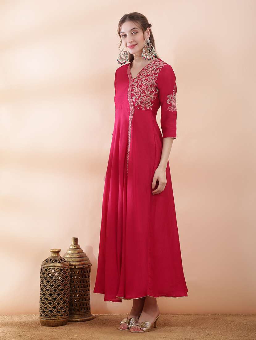 women solid with work three quarter sleeve ethnic dress - 22378322 -  Standard Image - 2