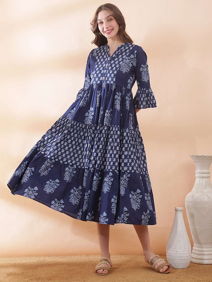women printed bell sleeve tiered ethnic dress