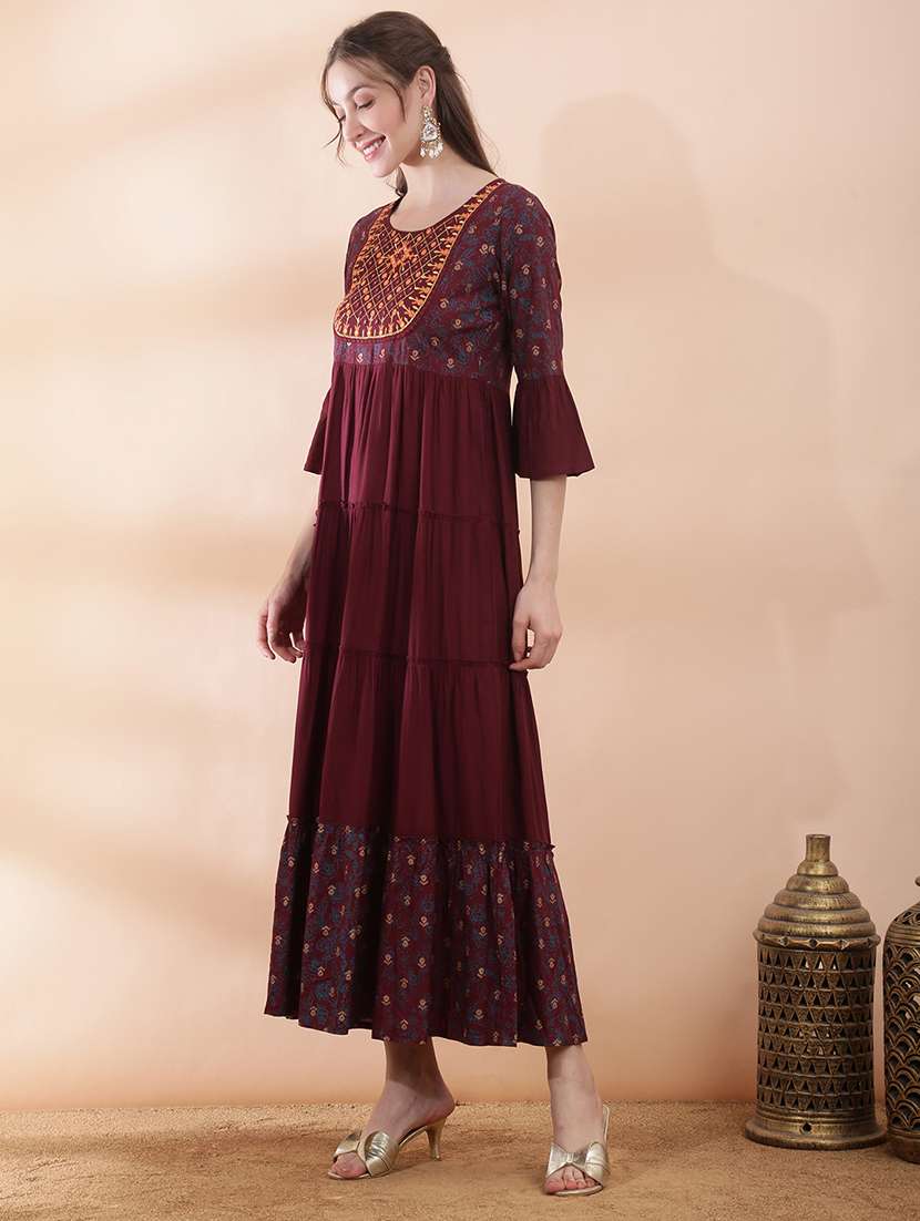 women printed bell sleeve tiered ethnic dress - 22378332 -  Standard Image - 2