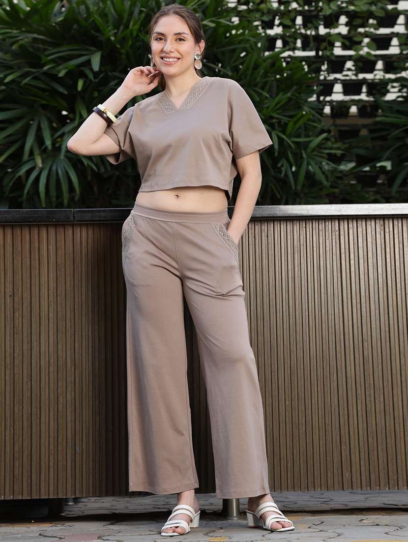 women solid t-shirt & trouser co-ord set - 22378350 -  Standard Image - 2