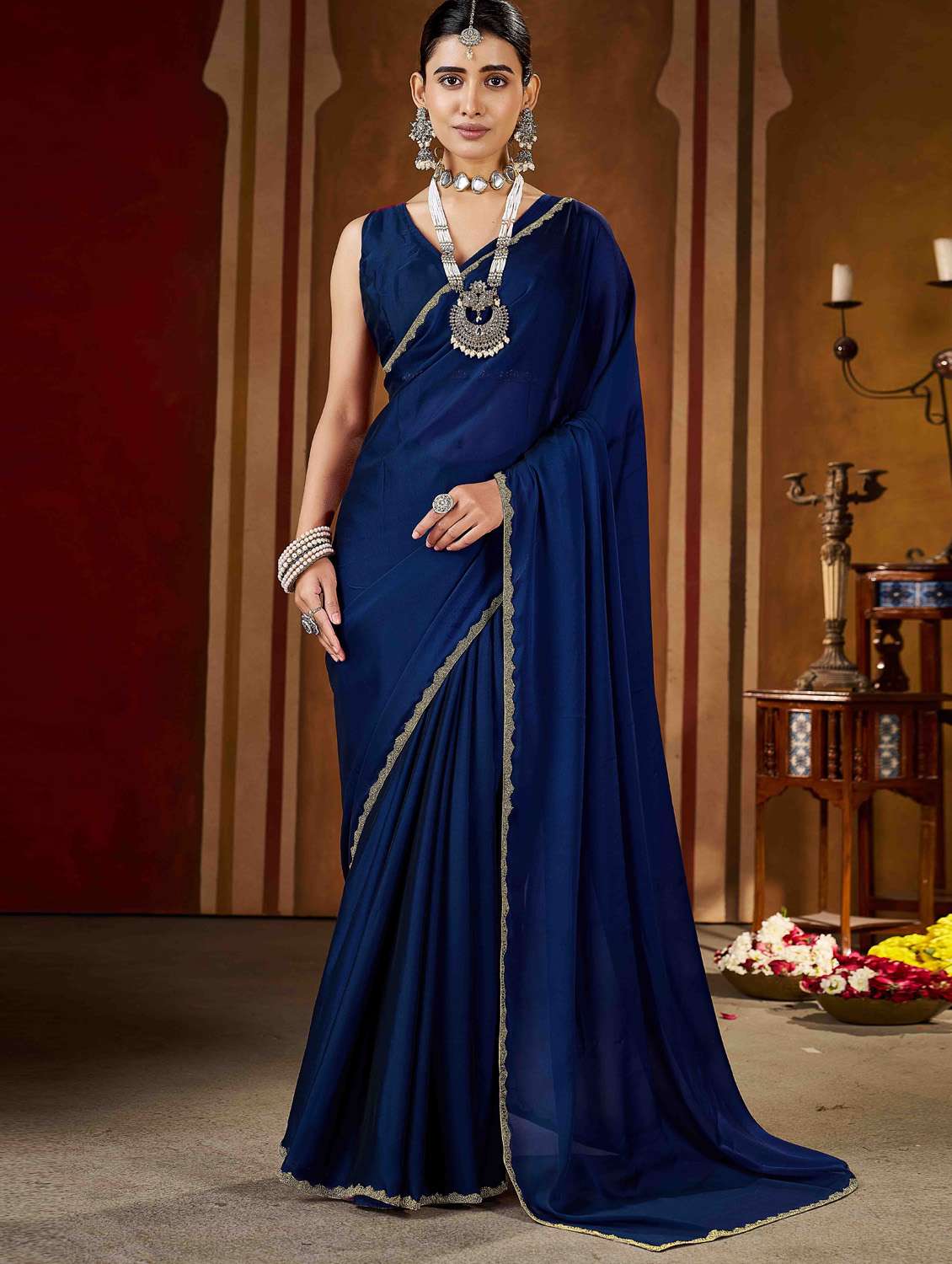 women solid with work embellished saree with blouse - 22378515 -  Standard Image - 2