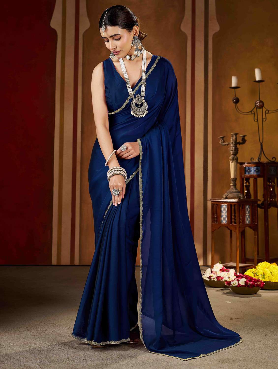 women solid with embellished bordered saree with blouse - 22378543 -  Standard Image - 2