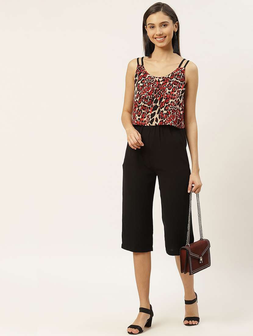 women animal print sleeveless calf length umpsuit
