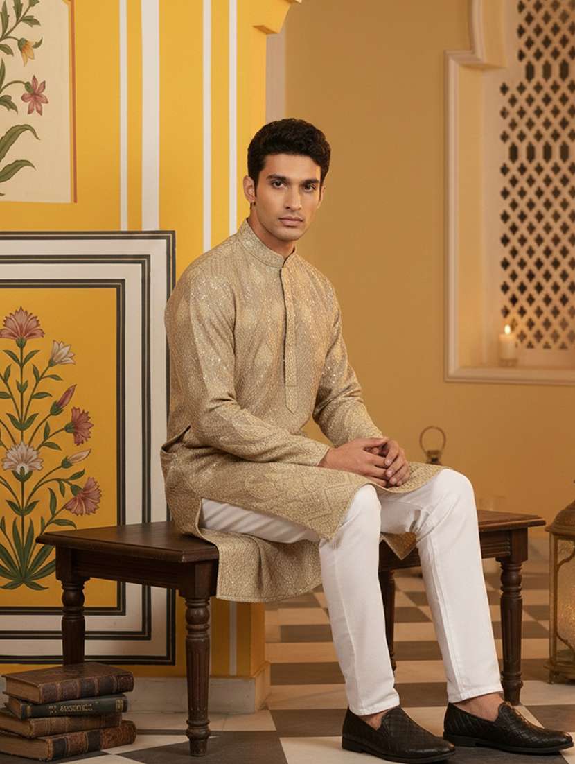men solid with work mandarin neck kurta pyjama set - 22379207 -  Standard Image - 2