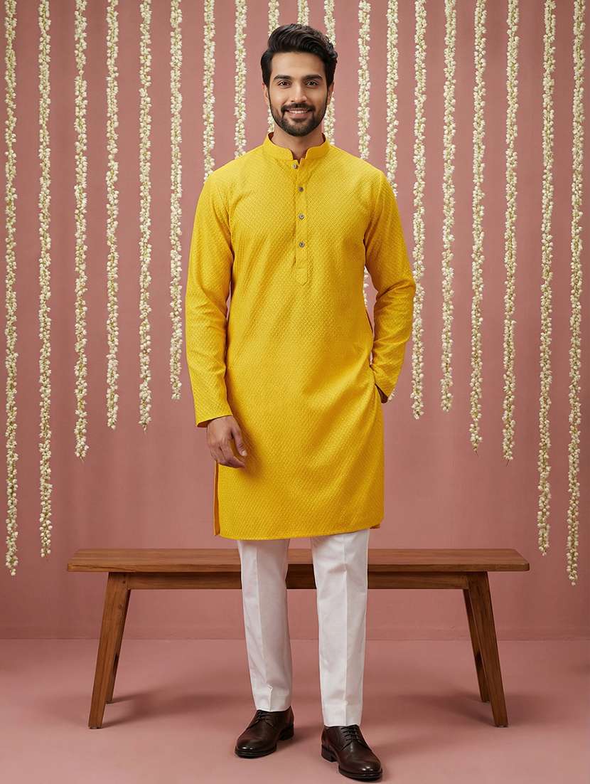 men solid with work mandarin neck kurta pyjama set - 22379217 -  Standard Image - 2