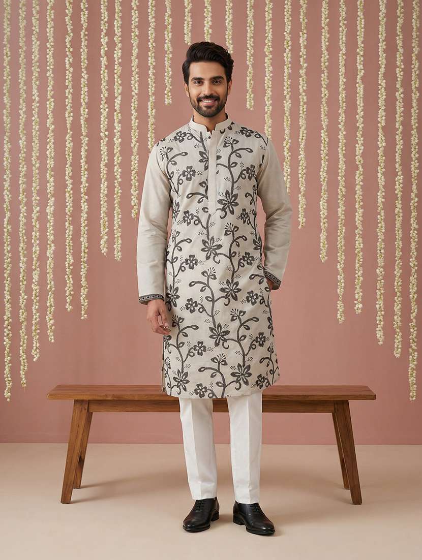 men solid with work mandarin neck kurta pyjama set - 22379218 -  Standard Image - 2