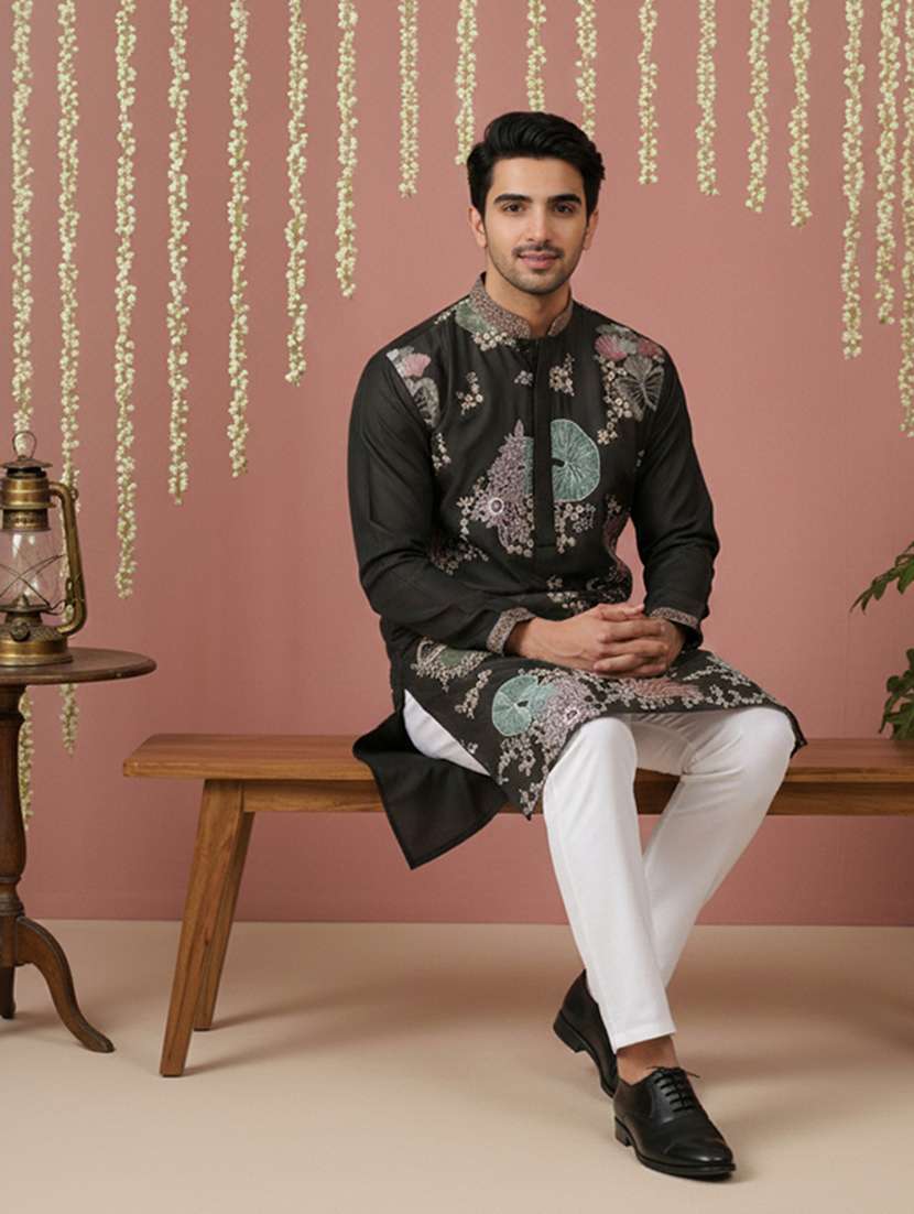 men solid with work mandarin neck kurta pyjama set - 22379219 -  Standard Image - 2