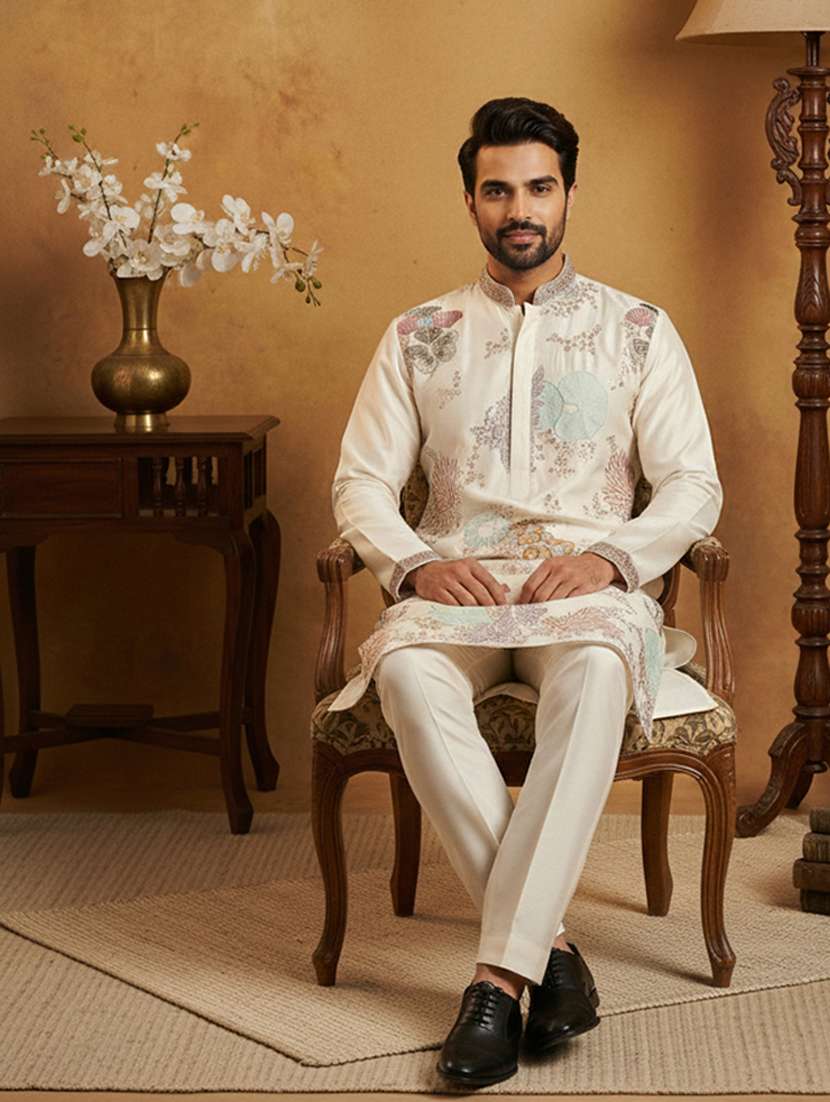 men solid with work mandarin neck kurta pyjama set - 22379220 -  Standard Image - 2