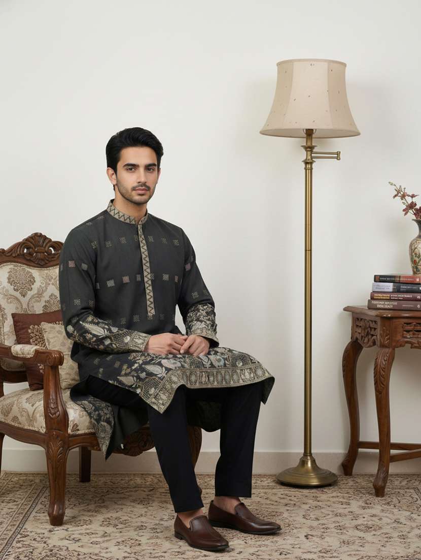 men solid with work mandarin neck kurta pyjama set - 22379237 -  Standard Image - 2