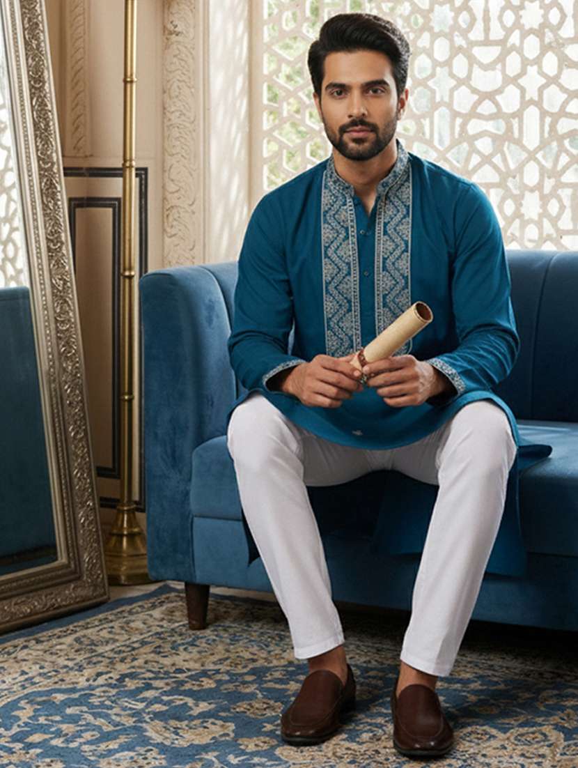 men solid with work mandarin neck kurta pyjama set - 22379245 -  Standard Image - 2