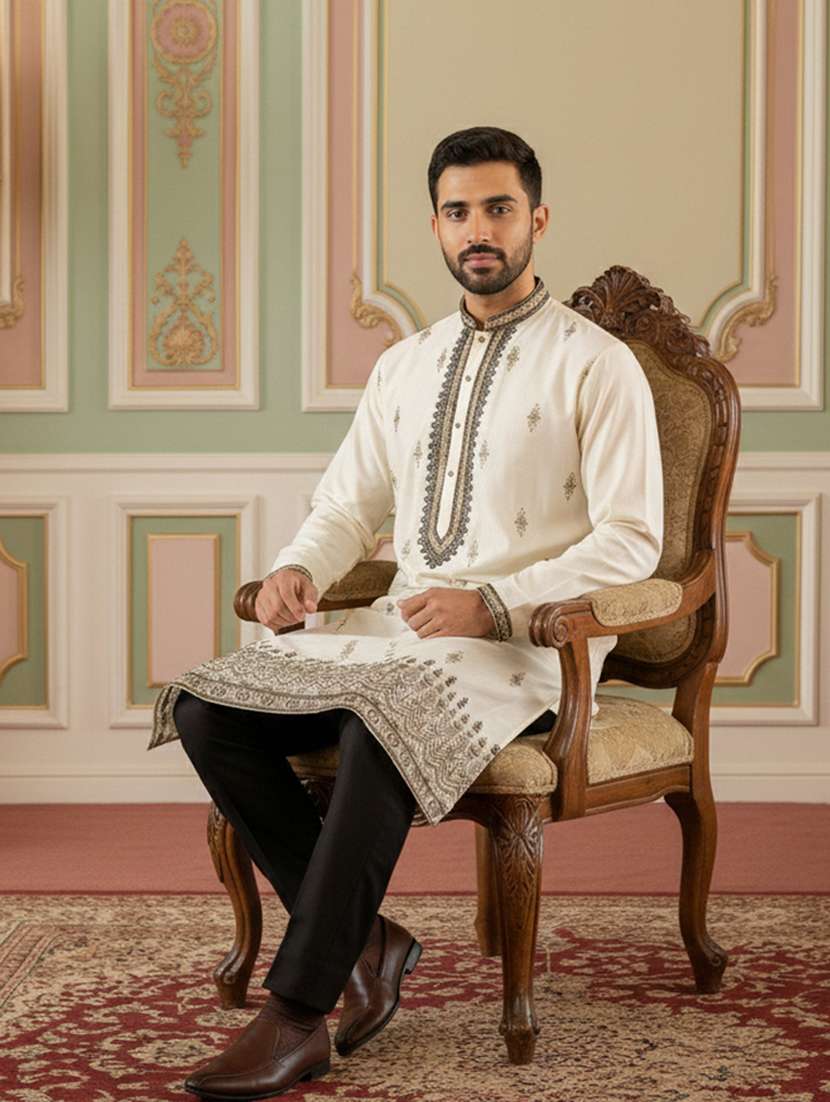 men solid with work mandarin neck kurta pyjama set - 22379251 -  Standard Image - 2