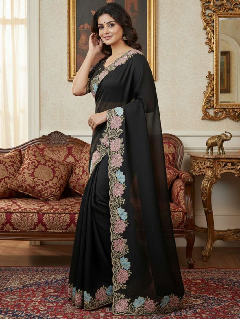 women solid with bordered saree with blouse - 22379257 -  Standard Image - 2