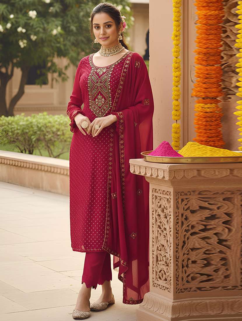 women solid with work semi-stitched suit set - 22379276 -  Standard Image - 2