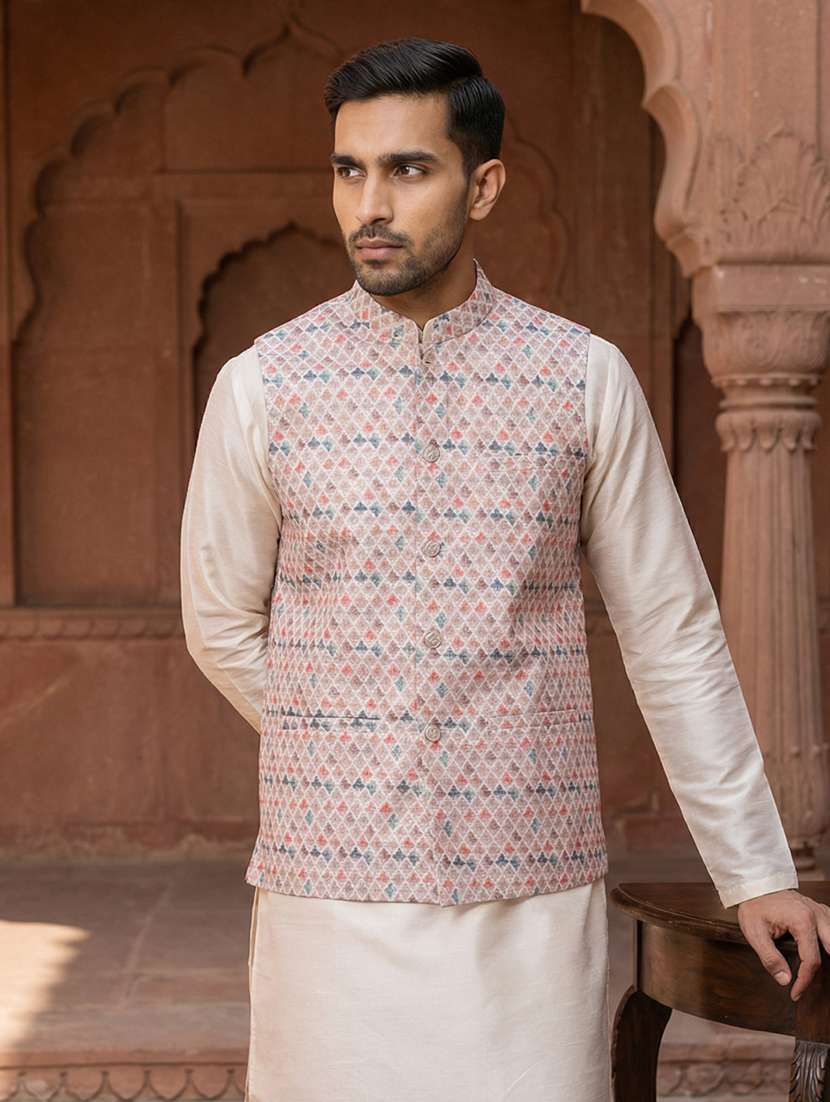 men printed mandarin neck nehru jacket - 22379300 -  Standard Image - 2