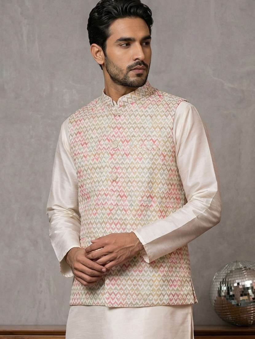 men printed mandarin neck nehru jacket - 22379303 -  Standard Image - 2