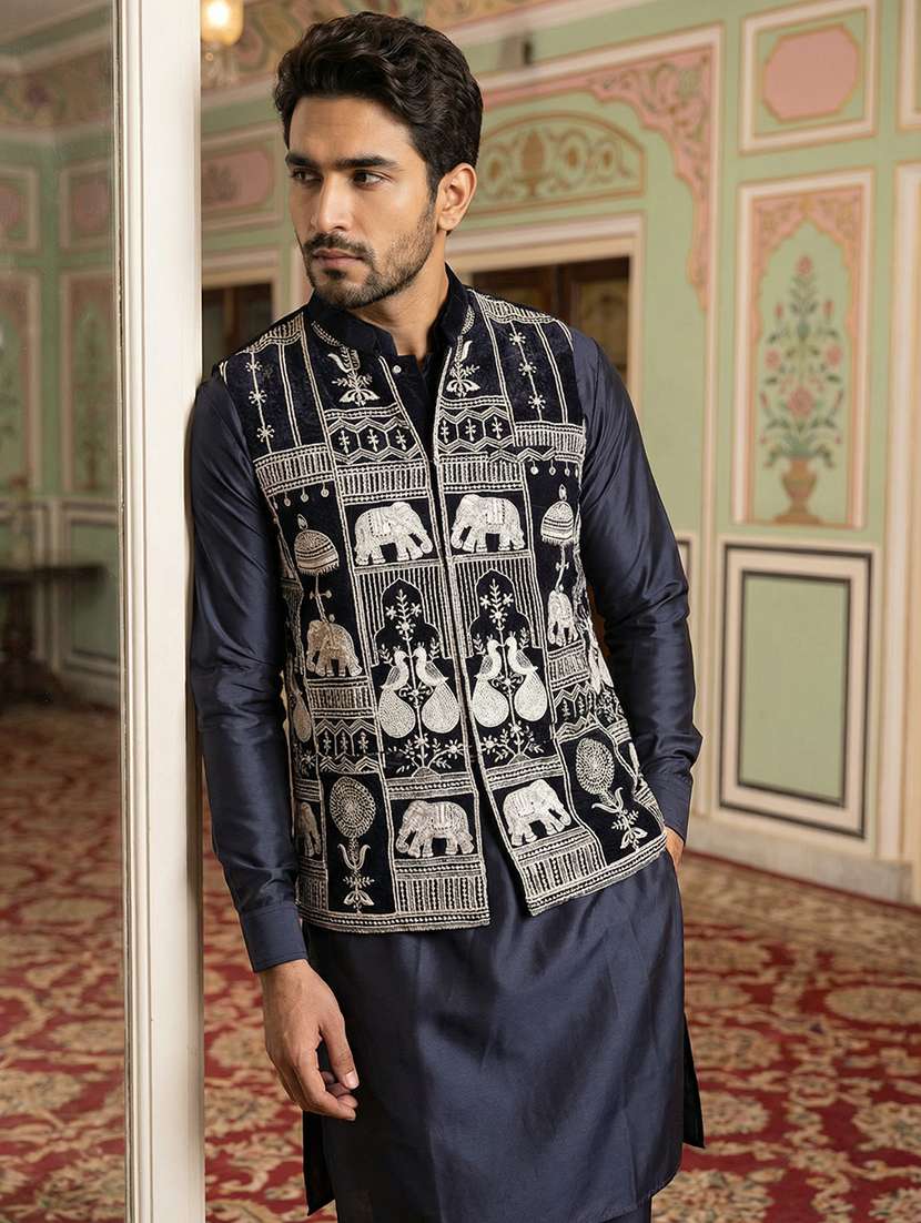 men solid with work mandarin neck nehru jacket - 22379308 -  Standard Image - 2