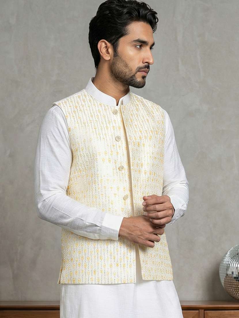 men solid with work mandarin neck nehru jacket - 22379312 -  Standard Image - 2