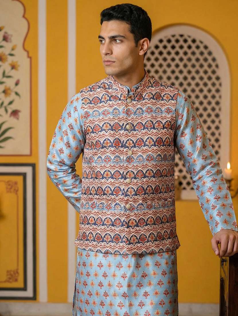 men printed mandarin neck nehru jacket - 22379313 -  Standard Image - 2