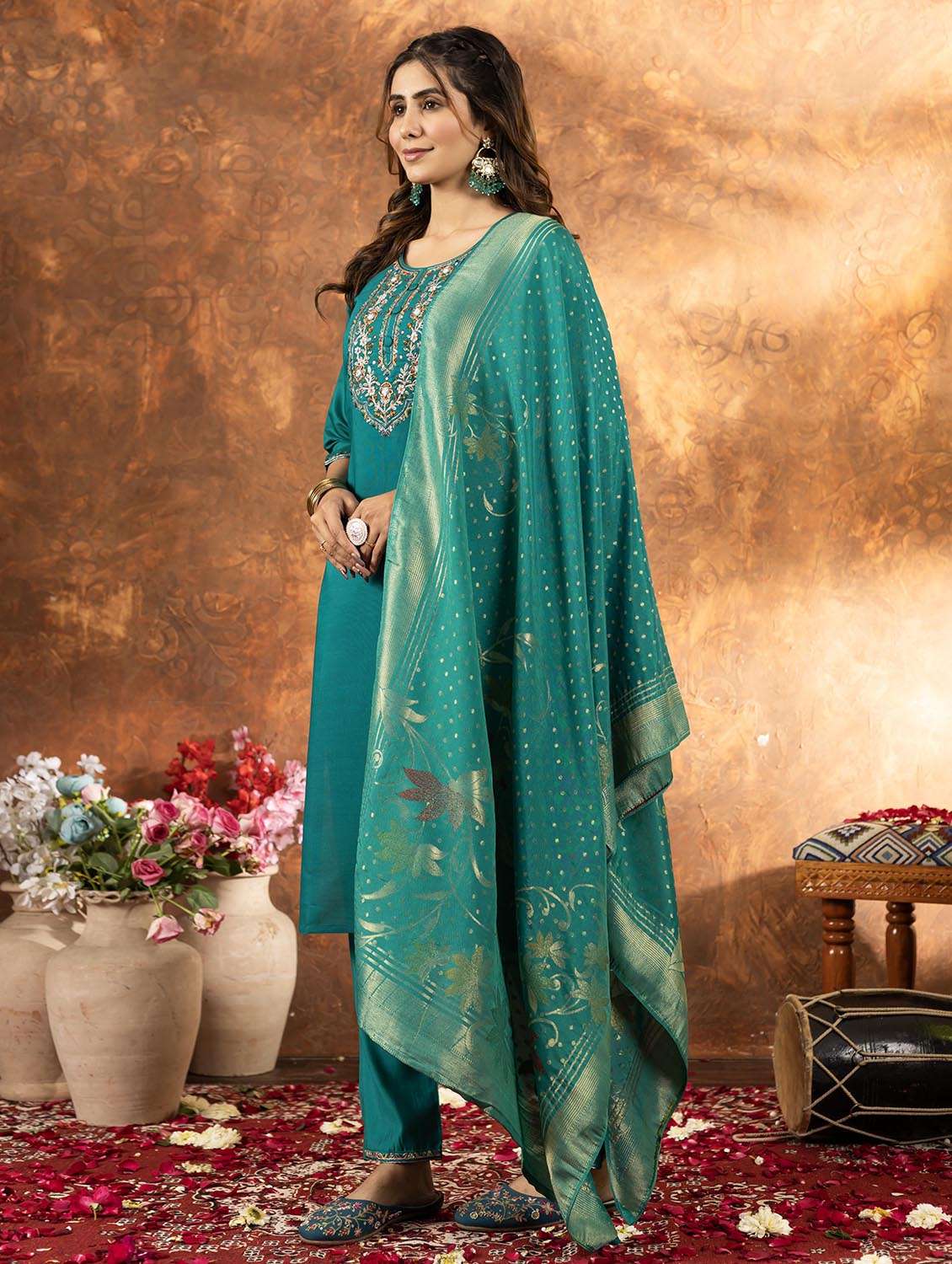 women solid with work three quarter sleeve kurta pant with dupatta set - 22379411 -  Standard Image - 2