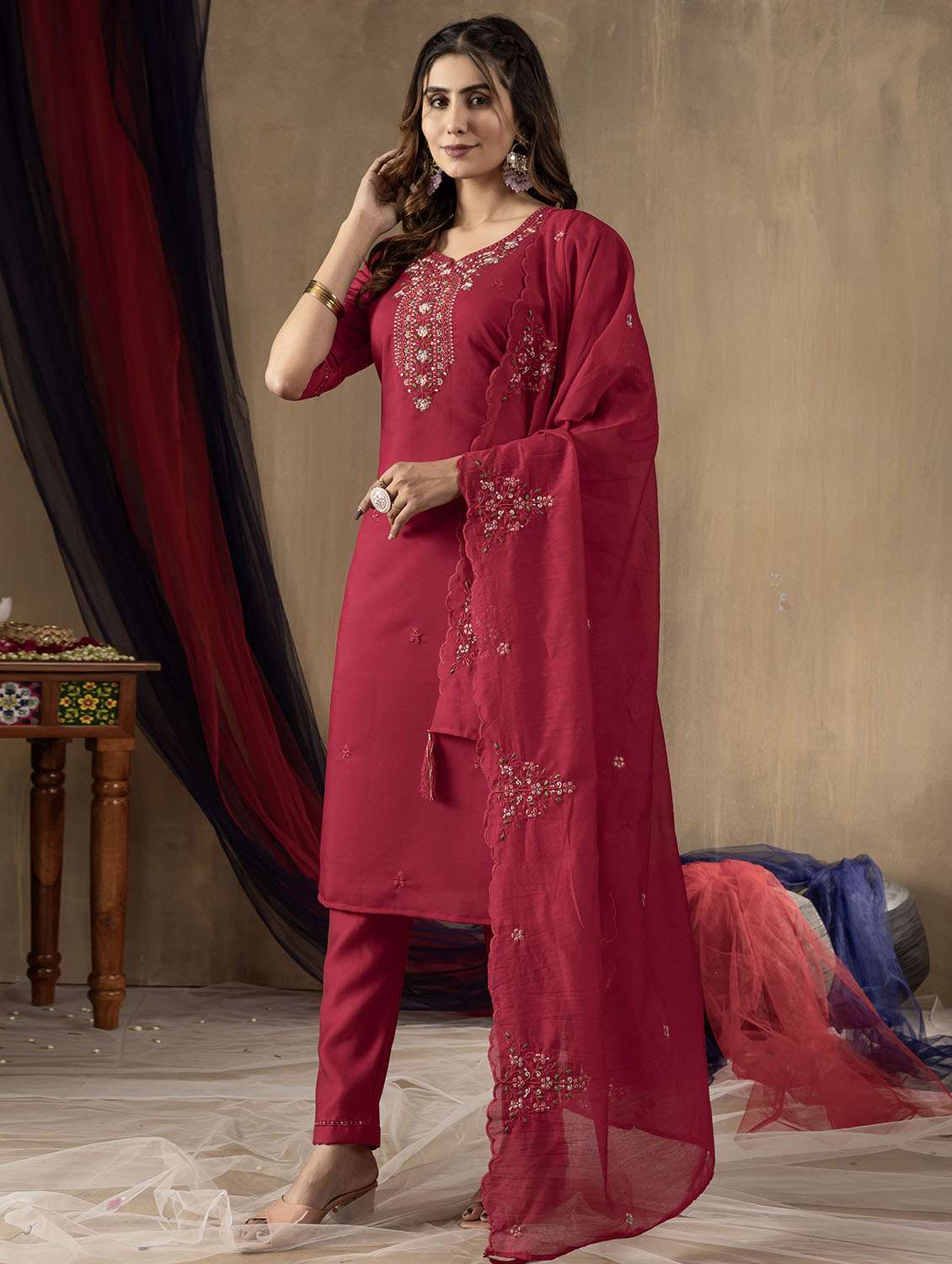 women solid with work three quarter sleeve kurta pant with dupatta set - 22379415 -  Standard Image - 2